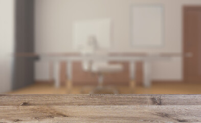Elegant office interior. Mixed media. 3D rendering.. Mockup.   E. Background with empty wooden table. Flooring.