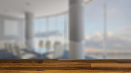 Modern office building interior. 3D rendering.. Mockup.   Empty. Background with empty wooden table. Flooring.