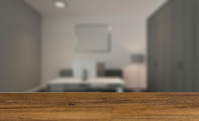 Elegant office interior. Mixed media. 3D rendering.. Background with empty wooden table. Flooring.