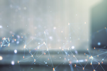 Double exposure of abstract virtual technology hologram on modern business center exterior background. Research and development software concept