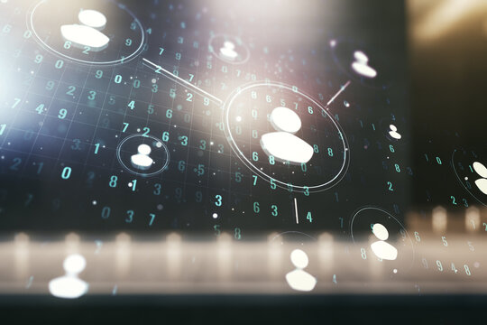 Double exposure of social network icons hologram on contemporary business center exterior background. Networking concept - Powered by Adobe