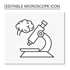  Researching line icon. Analyzing the brain by microscope. Neurology. Examination internal organ. Searching for diseases. Science concept. Isolated vector illustration. Editable stroke