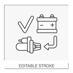  Inspections line icon. Change battery and starter for better work. Car service concept. Isolated vector illustration. Editable stroke