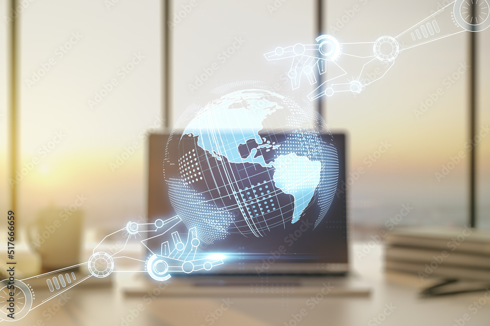Aufkleber double exposure of robotics technology with world map hologram on laptop background. research and de