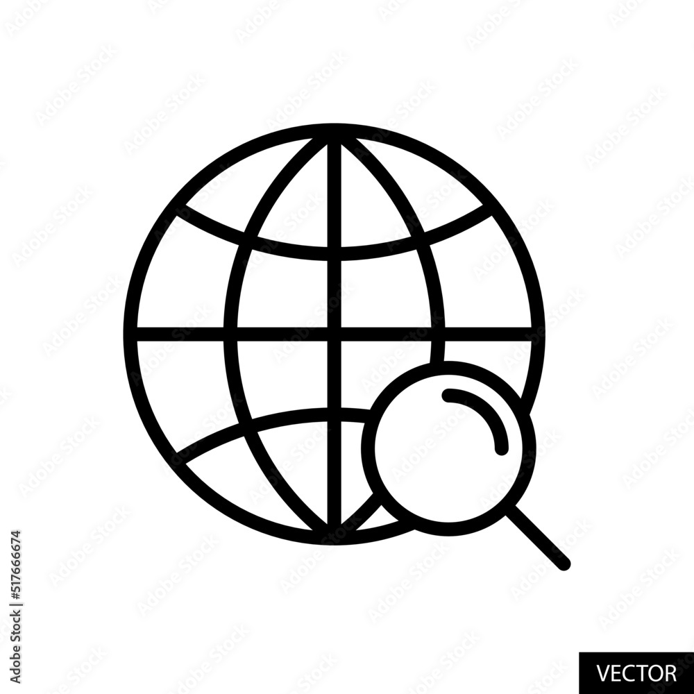 Poster search world wide web, global symbol with magnifying glass vector icon in line style design for webs