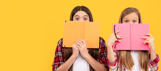 School girls friends. high school. friends girls with notebook. back to school. teens ready to study. Banner of schoolgirl student. School child pupil portrait with copy space.