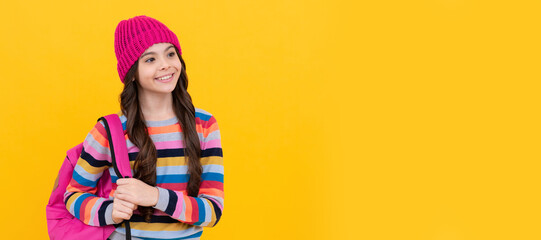 happy hipster teen girl with backpack going to school, back to school. Banner of school girl student. Schoolgirl pupil portrait with copy space.