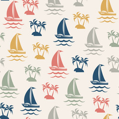 Seamless pattern with cute boats. Childish illustration. Cartoon sailboat on a light background. Boat and palm trees on a cute pattern. Nautical pattern for kids fabric, textile, wallpaper.