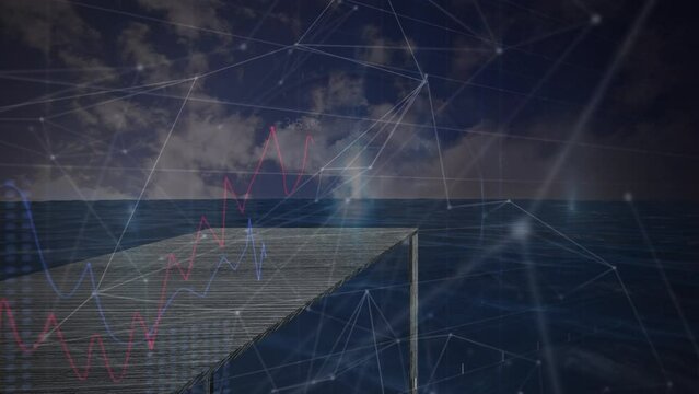 Animation of connections and graphs over seascape with pier