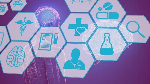 Animation of hexagons with scientific icons over human model on violet background