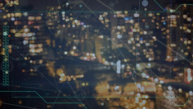Animation of network of connections with digital frame over blurred night cityscape
