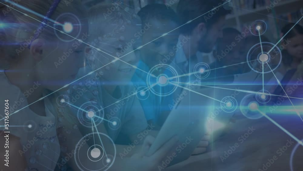Poster animation of network of connections over happy diverse pupils using tablet at school
