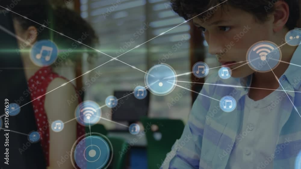 Aufkleber animation of network of connections over caucasian boy using computer at school