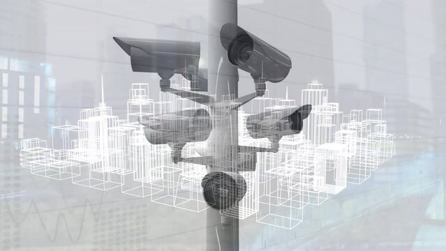 Animation of security cameras over metaverse city
