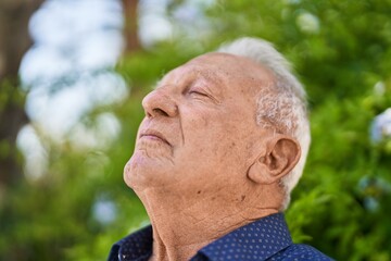 Senior grey-haired man breathing at park