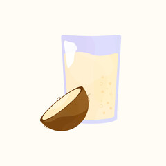 Illustration of a glass of coconut milk. Half a glass of coconut about a glass. Illustration of milk for proper nutrition design.