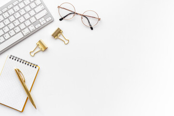 Working oplace office table. Layout of blogger or designer desktop