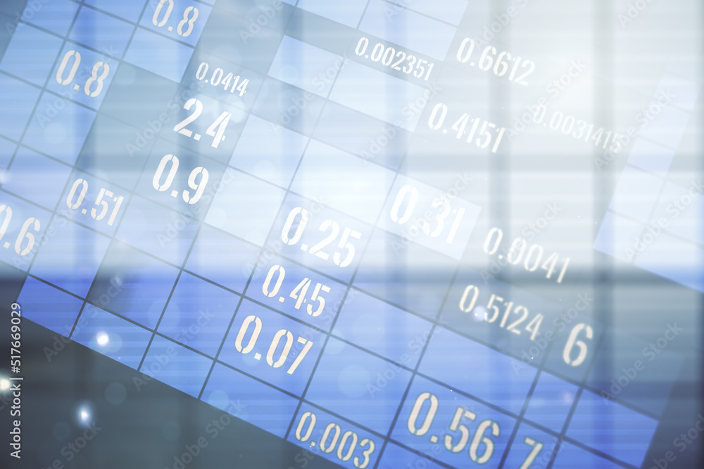 Poster multi exposure of abstract virtual graphic data spreadsheet sketch on modern interior background, an