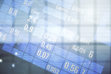 Multi exposure of abstract virtual graphic data spreadsheet sketch on modern interior background, analytics and analysis concept