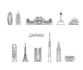 Obraz premium Set of flat icons of Japan landmarks and culture line vector illustration