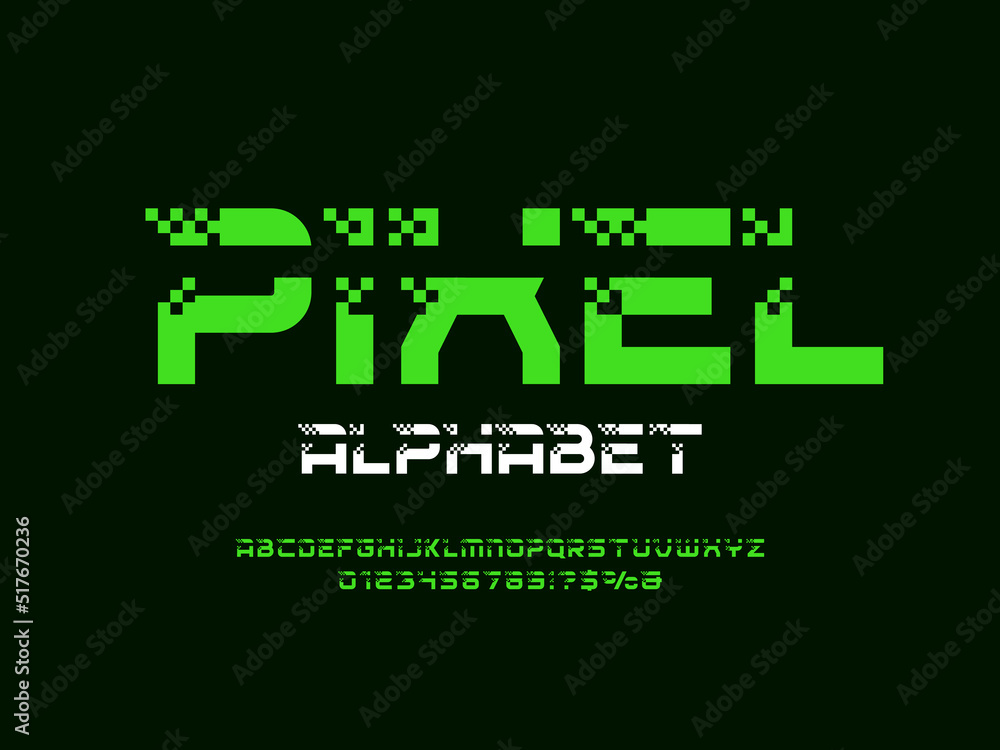 Poster pixel style font design with uppercase, numbers and symbol