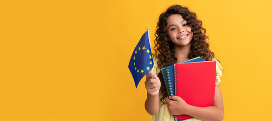 happy teen girl study with school workbooks hold european union flag, schengen visa. Banner of schoolgirl student. School child pupil portrait with copy space.