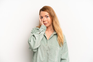 blonde pretty woman feeling bored, frustrated and sleepy after a tiresome, dull and tedious task,...
