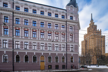 Obraz premium Winter cityscape of Riga. Modern architecture. Latvian Academy of Sciences