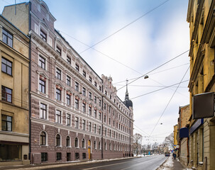 Fototapeta na wymiar Winter cityscape of Riga. Exterior of modern residential buildings