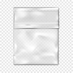 Clear self sealing plastic bag with adhesive flap closure on transparent background realistic vector mock-up. Empty cello bag mockup