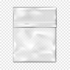Clear self sealing plastic bag with adhesive flap closure on transparent background realistic vector mock-up. Empty cello bag mockup © ann_ounce