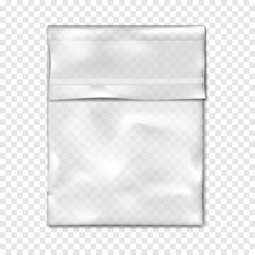 Clear Self Sealing Plastic Bag With Adhesive Flap Closure On Transparent Background Realistic Vector Mock-up. Empty Cello Bag Mockup