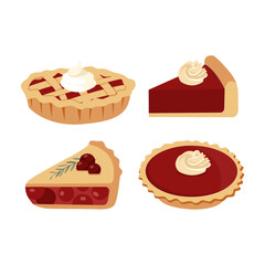 Pie set Vector Illustration. Thanksgiving and Holiday Cherry Pie. Happy Thanksgiving Day traditional fruit pie with whipped cream on the top. Autumn november. Isolated on background