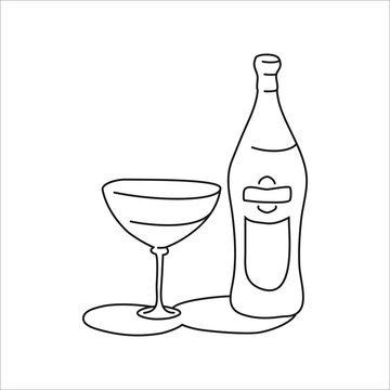Vermouth bottle and glass outline icon on white background. Black white cartoon sketch graphic design. Doodle style. Hand drawn image. Party drinks concept. Freehand drawing style