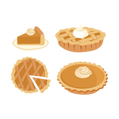 Pie set Vector Illustration. Thanksgiving and Holiday Apple Pie. Happy Thanksgiving Day traditional fruit pie with whipped cream on the top. Autumn november. Isolated on background