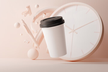 Levitating coffee cup with clock and other items mockup. 3D rendering