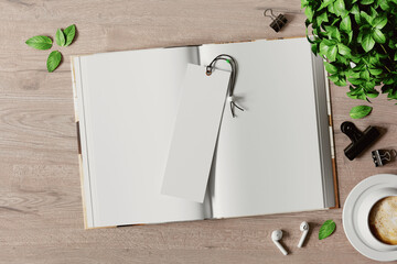 Open book with a bookmark on the table mockup. 3D rendering