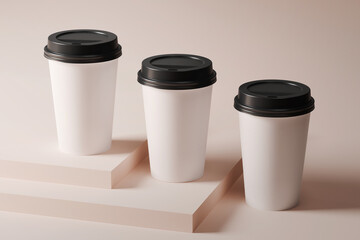 Three coffee cups on steps mockup. 3D rendering