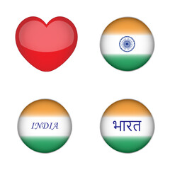 Set of India Flag Glossy round Buttons with word 