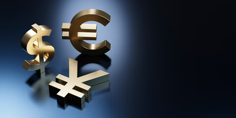 立体的なドル記号とユーロ記号・円記号 / 為替・円相場・円安進行のコンセプトイメージ / 3Dレンダリング