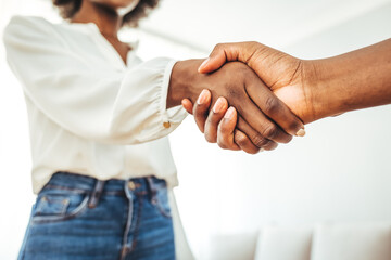 Recruitment manager shakes her hand with male candidate as he gets the job. Businesswoman handshake...