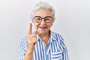 Senior woman with grey hair standing over white background showing and pointing up with finger number one while smiling confident and happy.