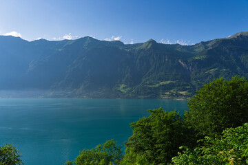 Naklejka na ściany i meble View of Lake Brienz in the Bernese Oberland in Switzerland, from Giessbach Falls.