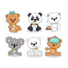 Set of cute cartoon animals. Teddy bear, polar bear, little panda, baby koala for invitations, cards, banners and labels. Vector illustration