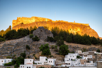 Lindos acropolis above old town in Rhodes island in Greece
