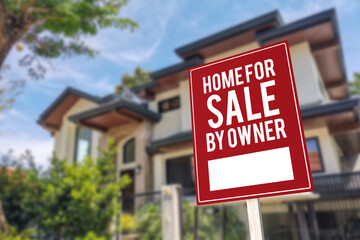 A House For Sale by owner or FSBO sign in front of a large 2 story house. A residence sold directly...