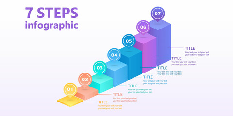 Business infographics in the form of a ladder of seven parallelepipeds. 7-step diagram. 3 D. Vector illustration.