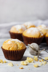 Tasty sweet breakfast, homemade cakes. Freshly baked homemade muffins in brown paper cups.