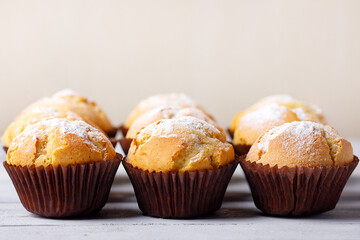 Freshly baked, homemade cupcake in muffin tin with paper liner.