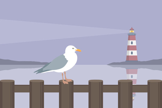 travel marine design lighthouse and sea gull by the ocean